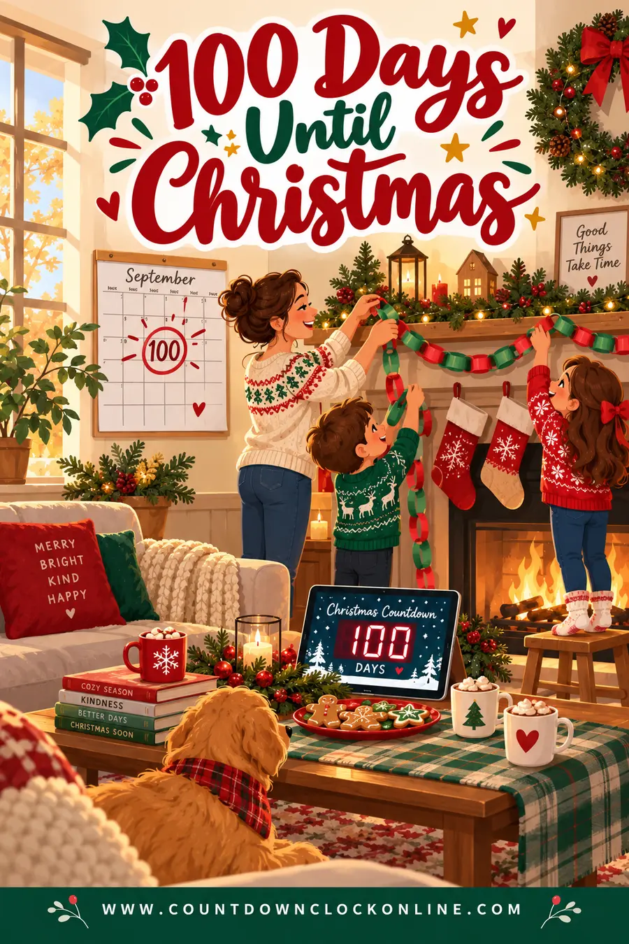Cozy family marking day 100 on a big wall calendar with a glowing countdown clock